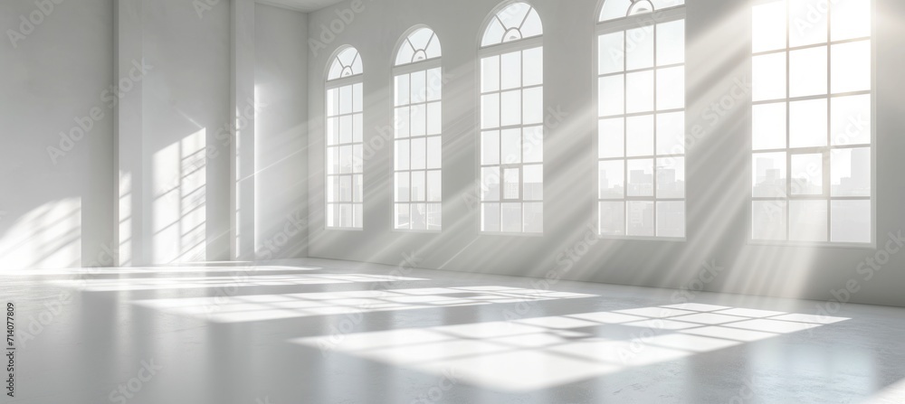 an empty white room with three windows that are brightly lit