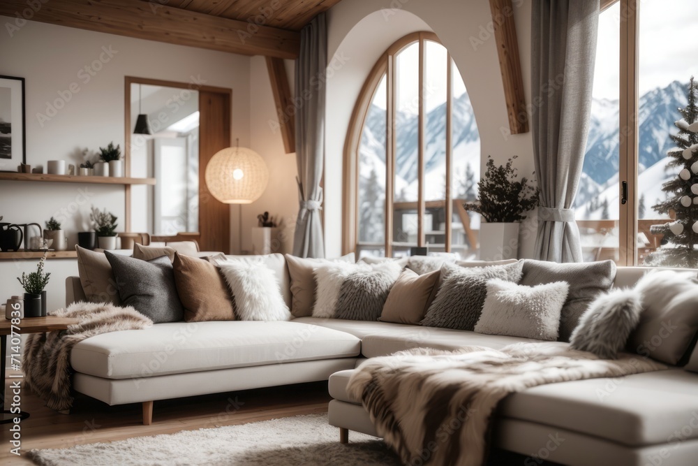 Fototapeta premium Nordic scandinavian interior home design of modern living room with comfortable sofas and feather pillows with mountain view winter atmosphere