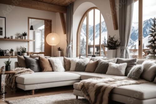 Nordic scandinavian interior home design of modern living room with comfortable sofas and feather pillows with mountain view winter atmosphere