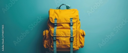 yellow schoolbag with school supplies on a blue background photo