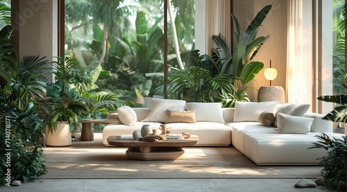 a living interior with white sofa and coffee table #714078071