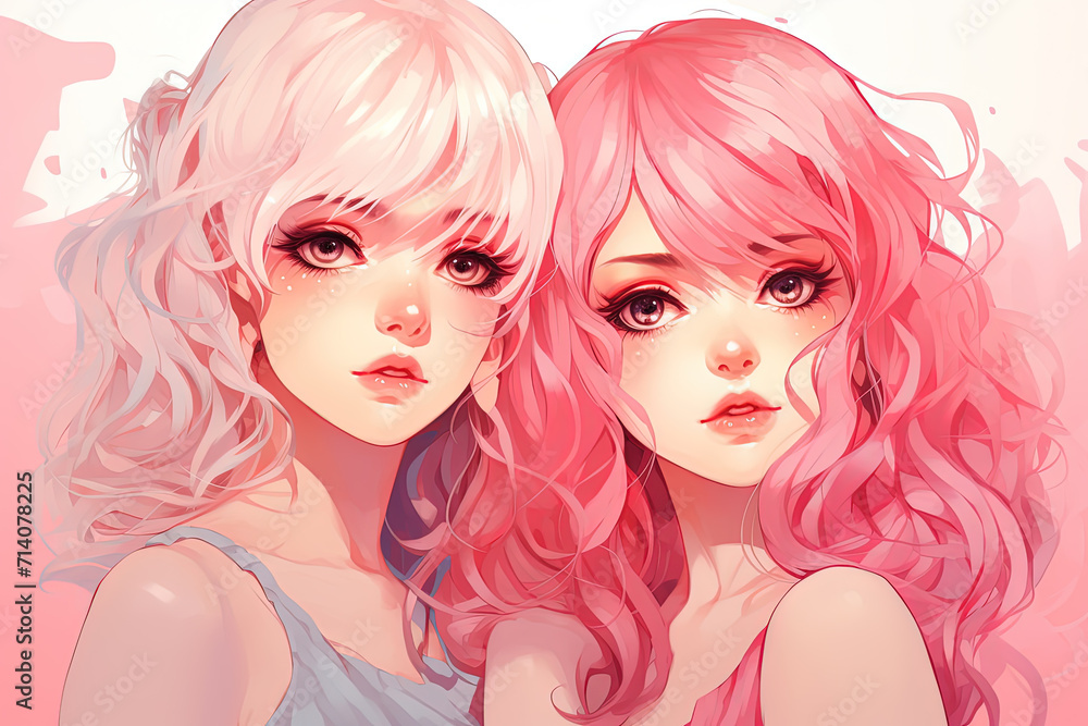 Naklejka premium Anime girls. Pink background. Generative AI