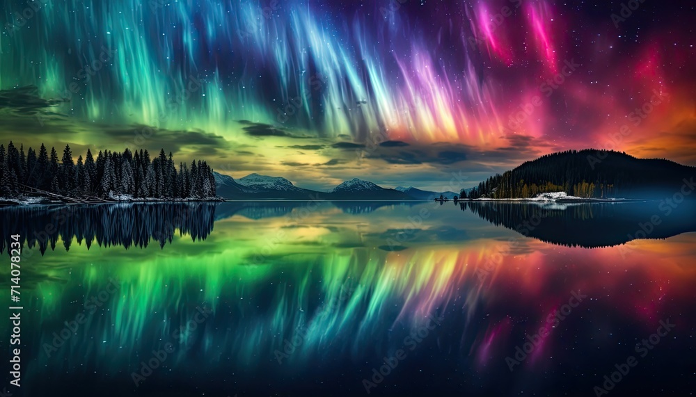 View of night sky with multicolored aurora borealis and snowy mountains peak background. Night glows in vibrant aurora reflection on the lake with forest. 