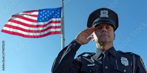 American police officer salutes the US flag Generative AI