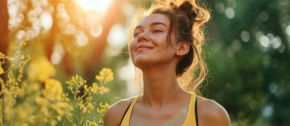 Stylish brunette enjoying morning exercise outdoors in summer. Stylish brunette enjoying morning exercise outdoors in summer.