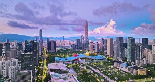 Aerial shot of Shenzhen Financial District skyline and natural scenery photo