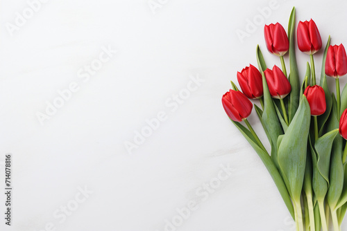 bouquet of red fresh spring tulips on white copy space