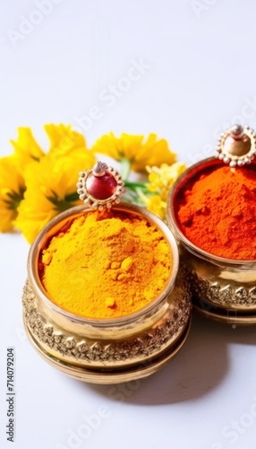 Haldi kumkum and flowers play a vital role in festival worship offered to god during prayers for celebration and divine connection, gudi padwa traditional decoration image photo