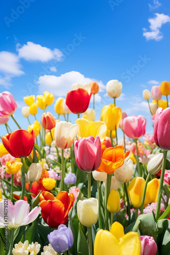 tulips of various colors in nature in beautiful spring day