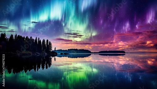 View of night sky with multicolored aurora borealis and snowy mountains peak background. Night glows in vibrant aurora reflection on the lake with forest. 