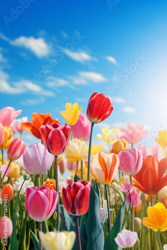 tulips of various colors in nature in spring withe sky