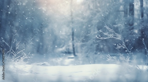 Blurry image of a winter forest small snowdrifts and light snowfall - a beautiful winter-themed background wide format.
