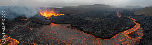 Beautiful aerial panoramatic view of active volcano, Litli - Hrutur, Iceland 2023