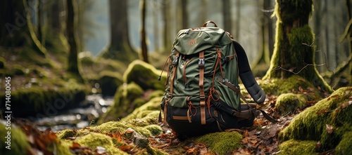 A lone backpack rests beside a serene statue amidst the lush outdoor greenery of a tranquil forest