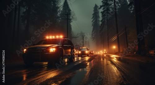 Amidst a misty night, a lone car braves the slick streets, its headlights illuminating the road and casting an eerie glow on the surrounding trees and sky