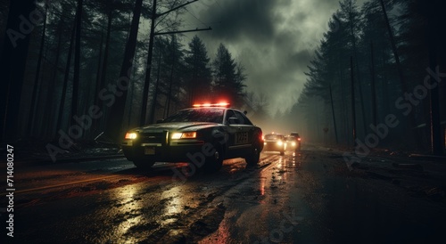 Amidst the foggy night, a fleet of police cars race down the road with their lights blazing, ready to fight fires and protect the land