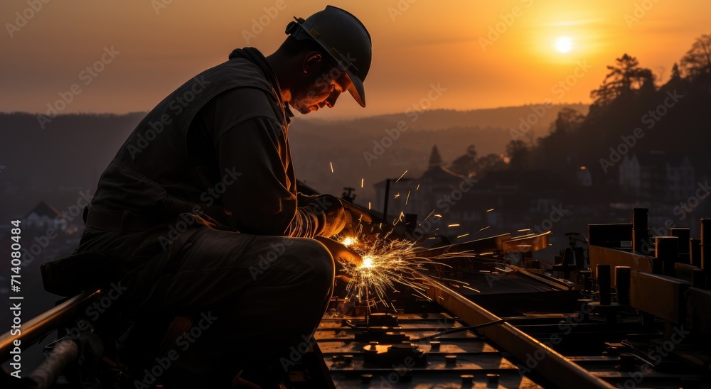 Fototapeta premium A rugged blue-collar worker endures the blistering heat of the outdoor sky while clad in protective clothing, as he welds atop a factory roof