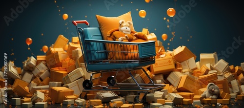 A playful toy bear rides in a shopping cart, surrounded by vibrant lego art, adding a touch of whimsy to the ordinary act of transport photo