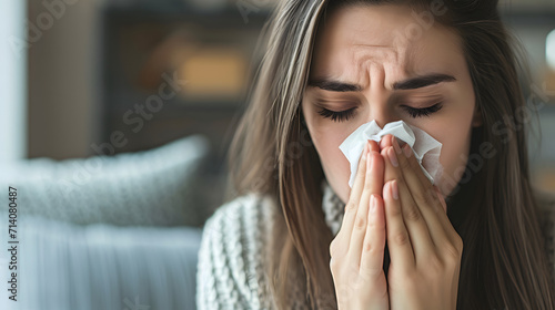 Closeup beauty young woman sick with the flu blowing her nose at home, health concept
