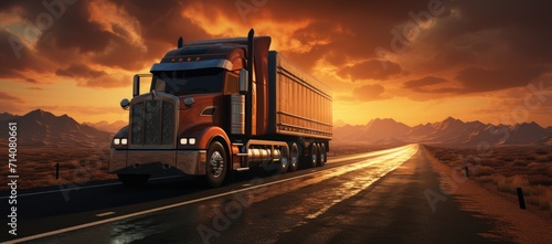 A lone truck navigates through the majestic mountains, carrying its precious cargo into the sunset, a symbol of resilience and determination on the open road