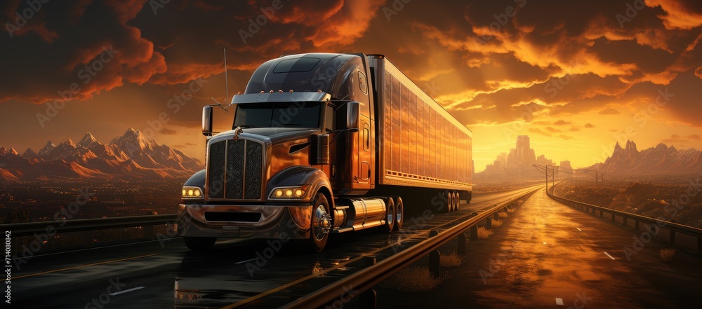 As the vibrant sunset paints the sky with warm hues, a sturdy truck drives along the open road, carrying its precious cargo through the clouds and towards its destination