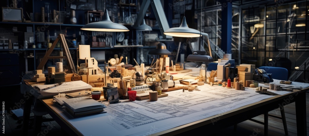 A cluttered worktable with a desk and book, revealing the chaotic mind of its owner, surrounded by the comforting familiarity of indoor furniture and a lone bottle A cluttered worktable with a desk and book, revealing the chaotic mind of its owner, surrounded by the comforting familiarity of indoor furniture and a lone bottle