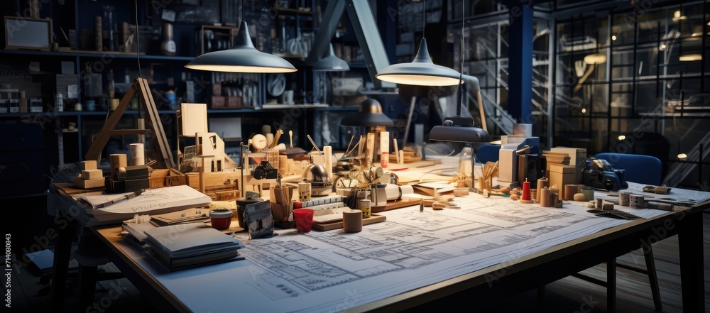 A cluttered worktable with a desk and book, revealing the chaotic mind of its owner, surrounded by the comforting familiarity of indoor furniture and a lone bottle