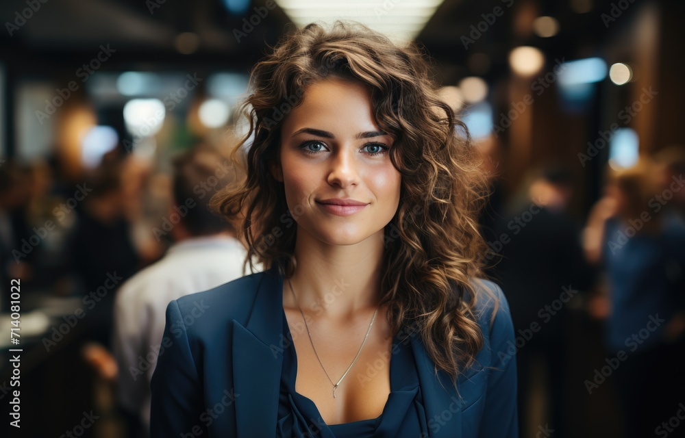 Obraz premium A stylish lady with a bright smile and curly locks, donning a chic blue suit and fashion accessories, stands confidently on the bustling street, exuding grace and fashion prowess