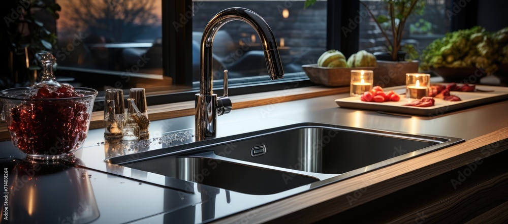 The sleek silver faucet cascaded water into the deep sink, providing a functional and stylish addition to the modern indoor kitchen The sleek silver faucet cascaded water into the deep sink, providing a functional and stylish addition to the modern indoor kitchen