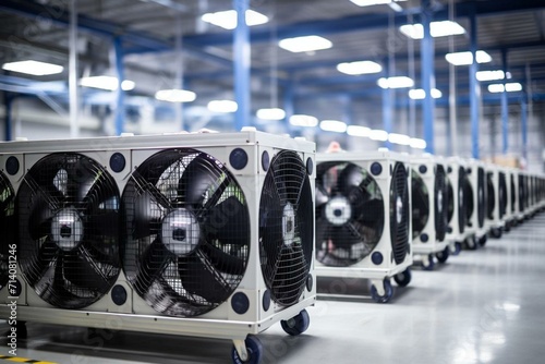 Array of coolers with fans, for cooling, chilling, heating, and sustainable power. Generative AI