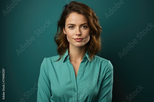 A striking portrait of a lady in a green shirt, her piercing blue eyes and delicate features captured in a stunning indoor photo shoot against a textured wall, showcasing the intricate fabric of her 