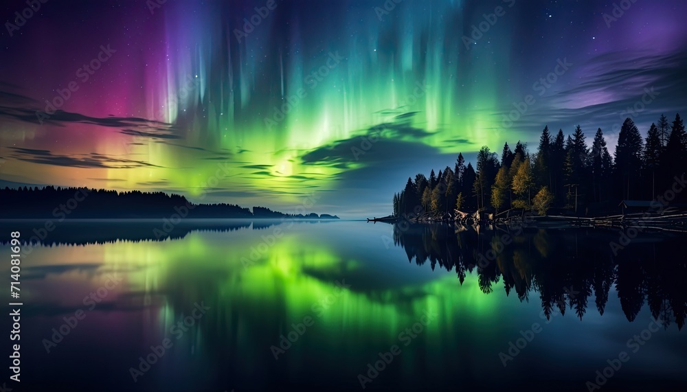 View of night sky with multicolored aurora borealis and snowy mountains peak background. Night glows in vibrant aurora reflection on the lake with forest. 