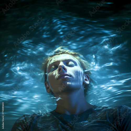 I dreamt that I was floating in water - young man with eyes closed floating in water wearing a tshirt appearing to be asleep and dreaming
 photo
