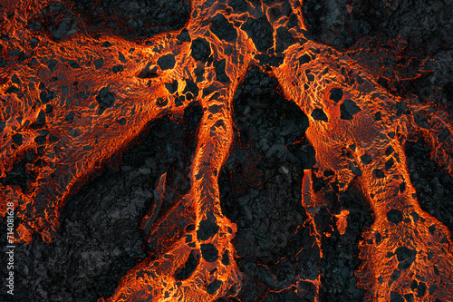 Aerial view of the texture of a solidifying lava field, close-up photo