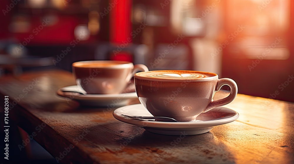 Two cups of coffee. A couple of hot drinks (cappuccino, hot chocolate) stand on the table. Illustration for cover, card, postcard, interior design, poster, brochure, advertising or presentation. Two cups of coffee. A couple of hot drinks (cappuccino, hot chocolate) stand on the table. Illustration for cover, card, postcard, interior design, poster, brochure, advertising or presentation.
