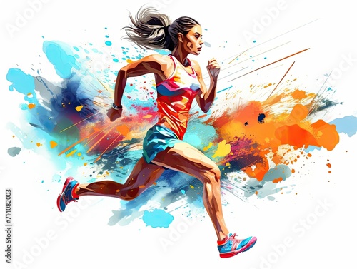 Running female athlete in sportswear. Energetic young woman. Marathon runner. Sport. Acrylic painting background made with paint strokes. Illustration for cover, card, interior design, brochure, etc.