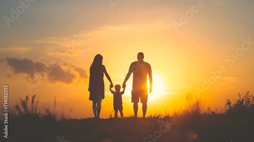 A happy family playing together and walking in the park.