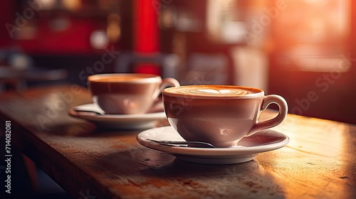 Two cups of coffee. A couple of hot drinks (cappuccino, hot chocolate) stand on the table. Illustration for cover, card, postcard, interior design, poster, brochure, advertising or presentation.