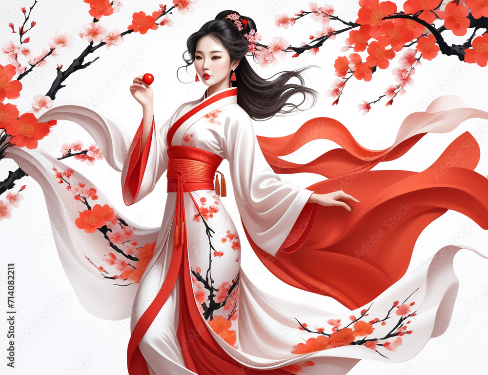 Fototapeta premium Beautiful young Asian girl in traditional dress on white background with cherry blossoms. Vector illustration style