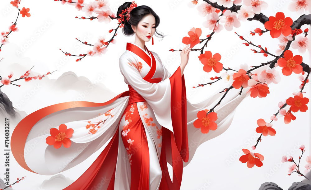 Fototapeta premium Beautiful young Asian girl in traditional dress on white background with cherry blossoms. Vector illustration style