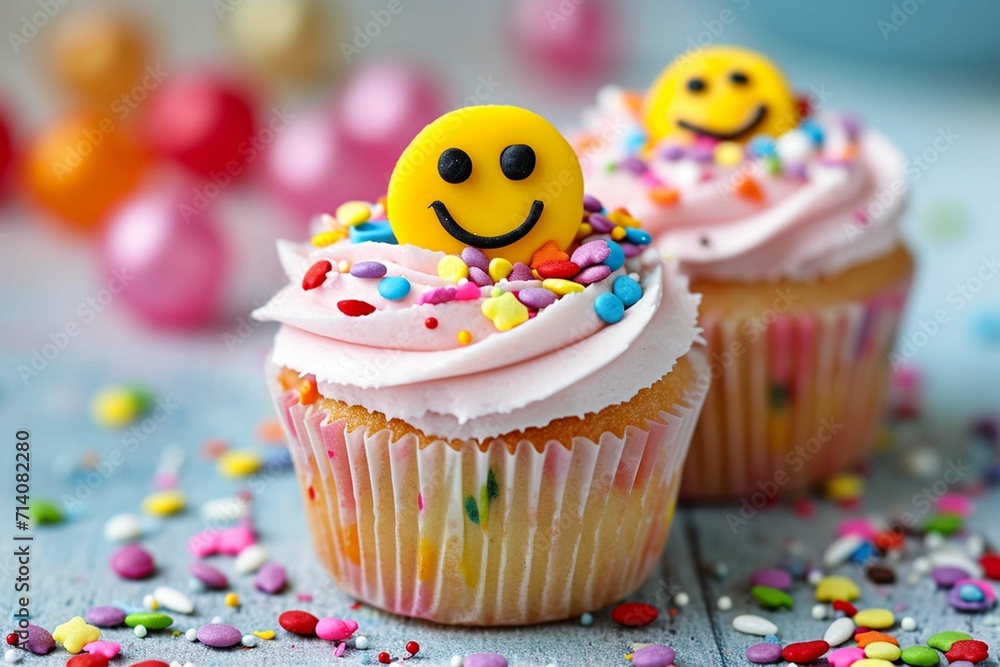 a close up of two cupcakes with sprinkles and a smiley face on top of them.