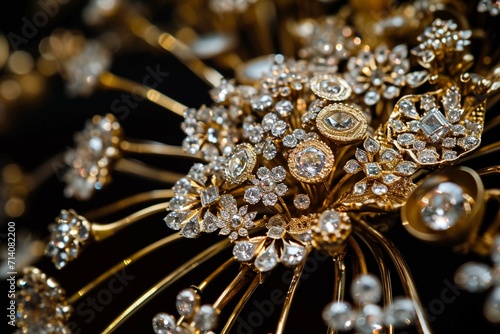 a close up of a gold and diamond brooch with many smaller pieces of jewelry attached to the brooch.