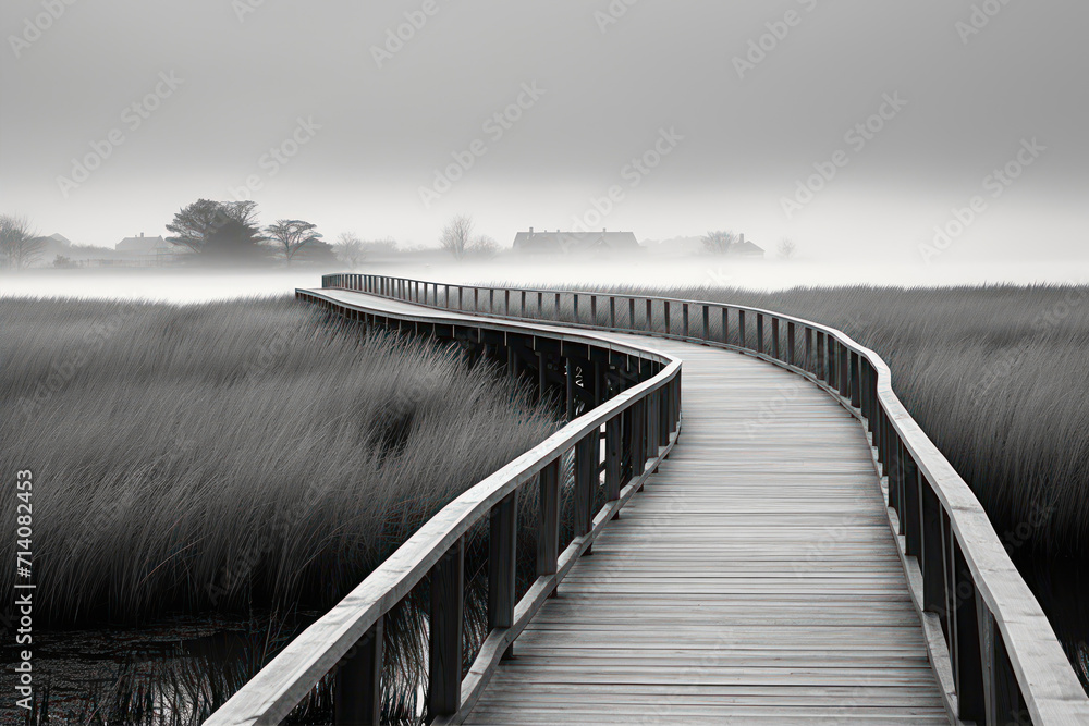 Fototapeta premium Wooden walkway in the misty marsh. Black and white.