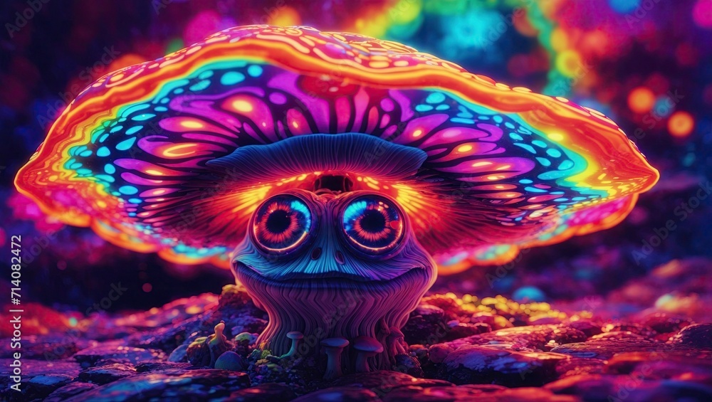 3d illustration of a fantasy alien creature with a psychedelic eyes and a colorful psychedelic background