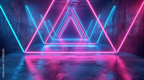 pink and blue neon light abstract background with triangles and street tunnel