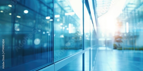 glass wall of a modern business office building in city in blue light and blurred background, business concept