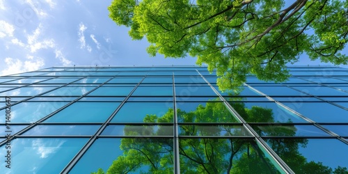 eco-friendly building in city, glass office building with tree and sky 