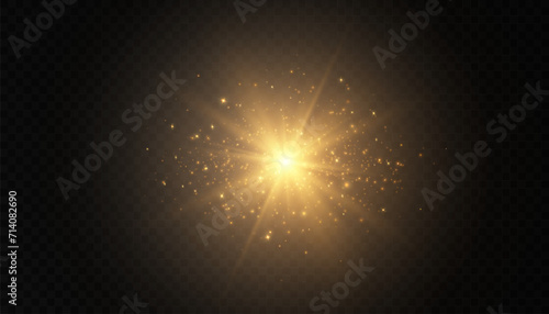 Shining star, sun particles and sparkles with flare effect, golden bokeh lights and sparkles. The effect of glare, a yellow explosion.