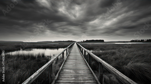 Wooden boardwalk over a lake in black and white with dramatic clouds