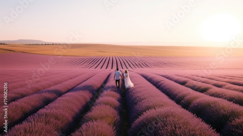 Love couple walking in lavender field at hazy light morning, France travel © AUNTYANN